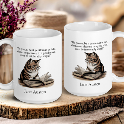 Two mugs with cat illustrations and Jane Austen quotes on a wooden surface.