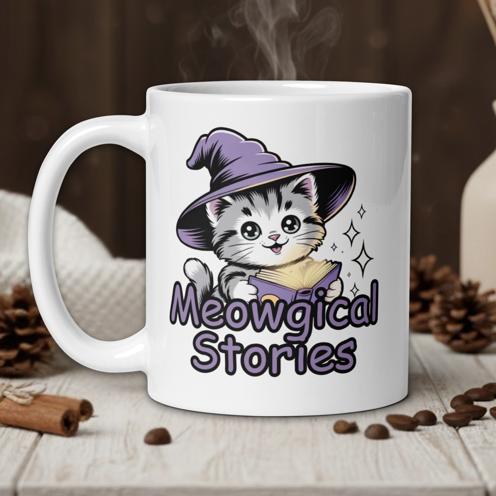 White mug with a cat illustration and 'Meowgical Stories' text on a wooden table with coffee beans and a vase.