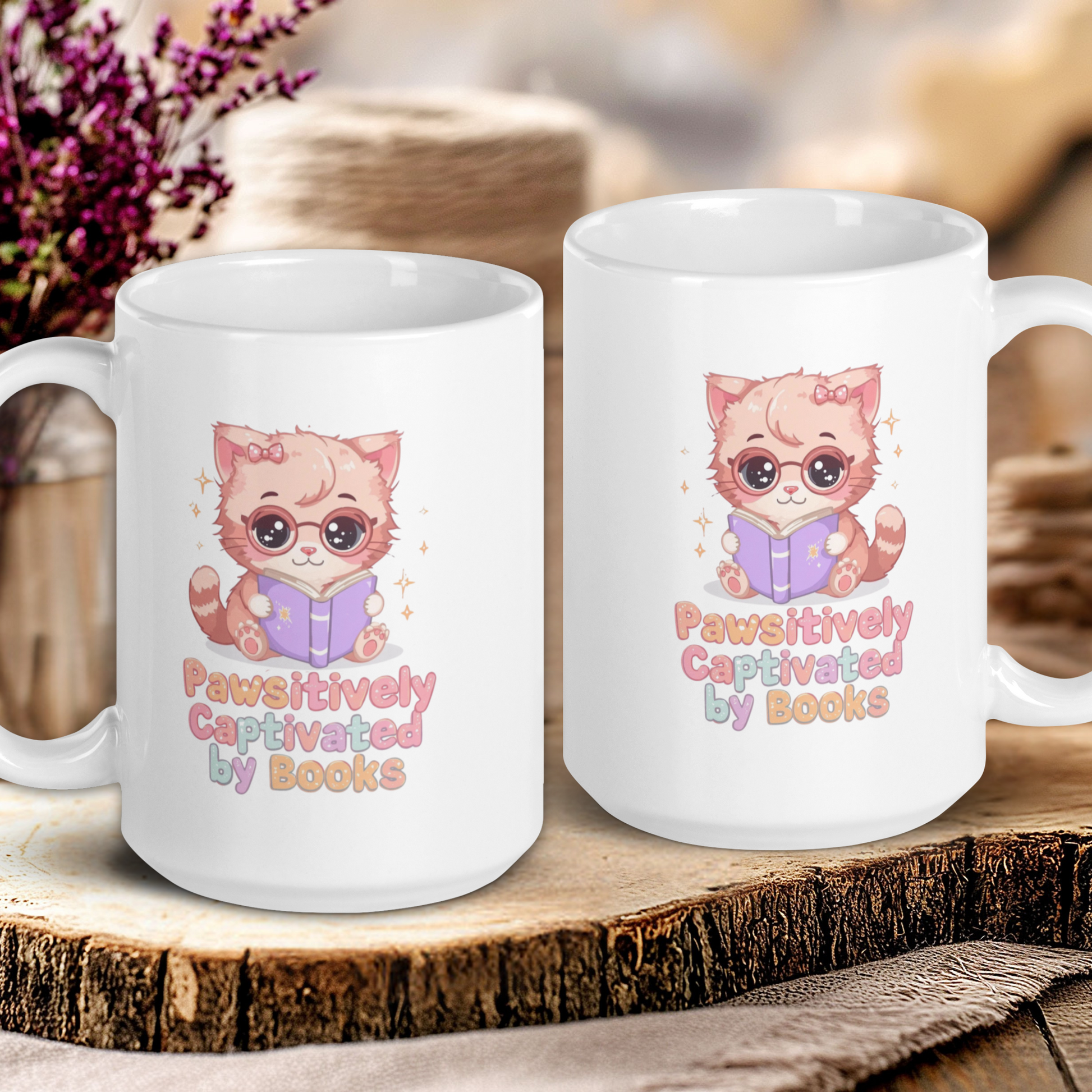 Two white mugs with a cat illustration and text on a wooden surface.