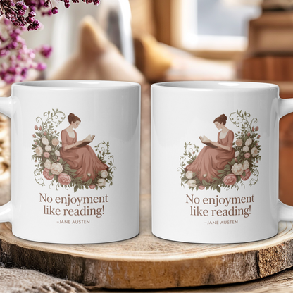 Two mugs with a design of a woman reading and the quote 'No enjoyment like reading' by Jane Austen, placed on a wooden surface with a blurred background.