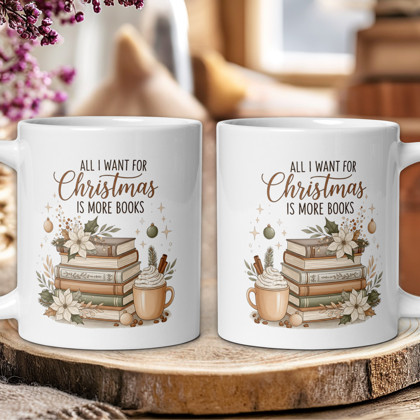 Two mugs with book-themed design and text on a wooden surface.
