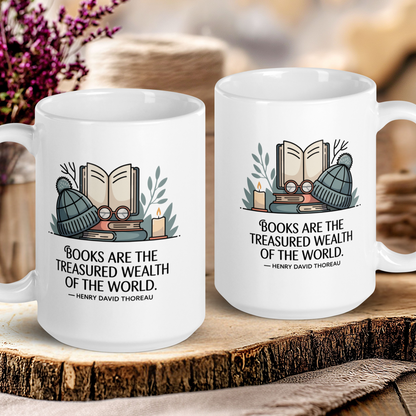 Two white mugs with book-themed designs and quotes on a wooden surface.
