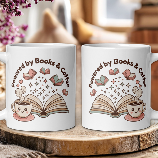 Two white mugs with 'Powered by Books & Coffee' design on a wooden surface.