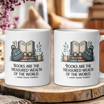 Two white mugs with book-themed design and quote on a wooden surface.