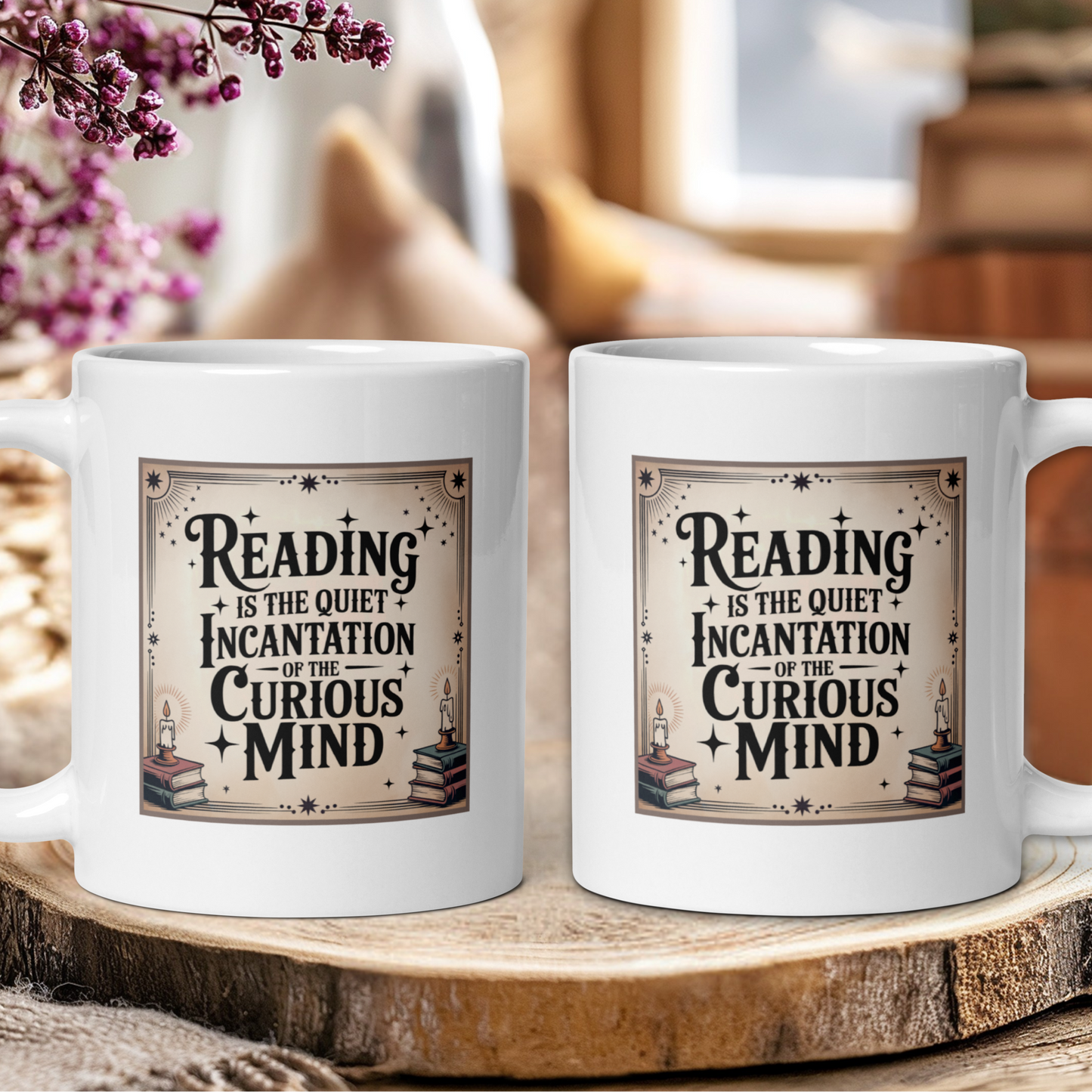 Two white mugs with a decorative text design on a wooden surface.