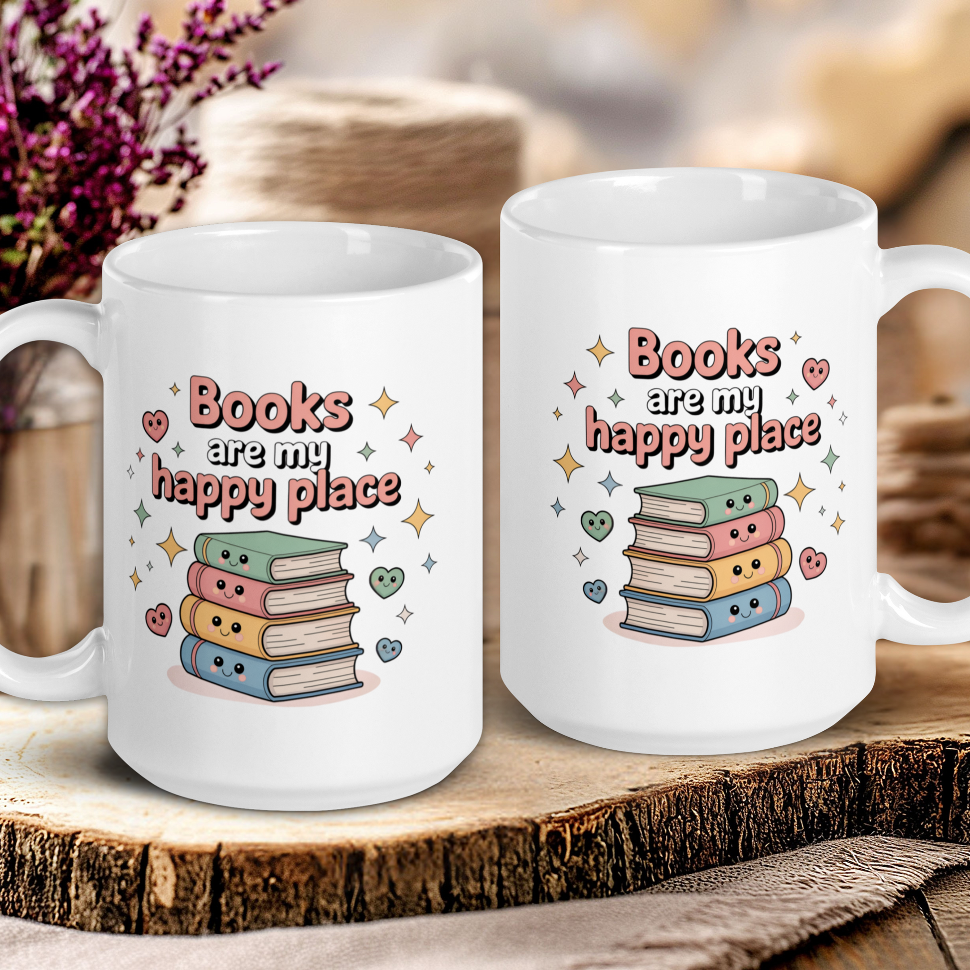 Two white mugs with 'Books are my happy place' design on a wooden surface.