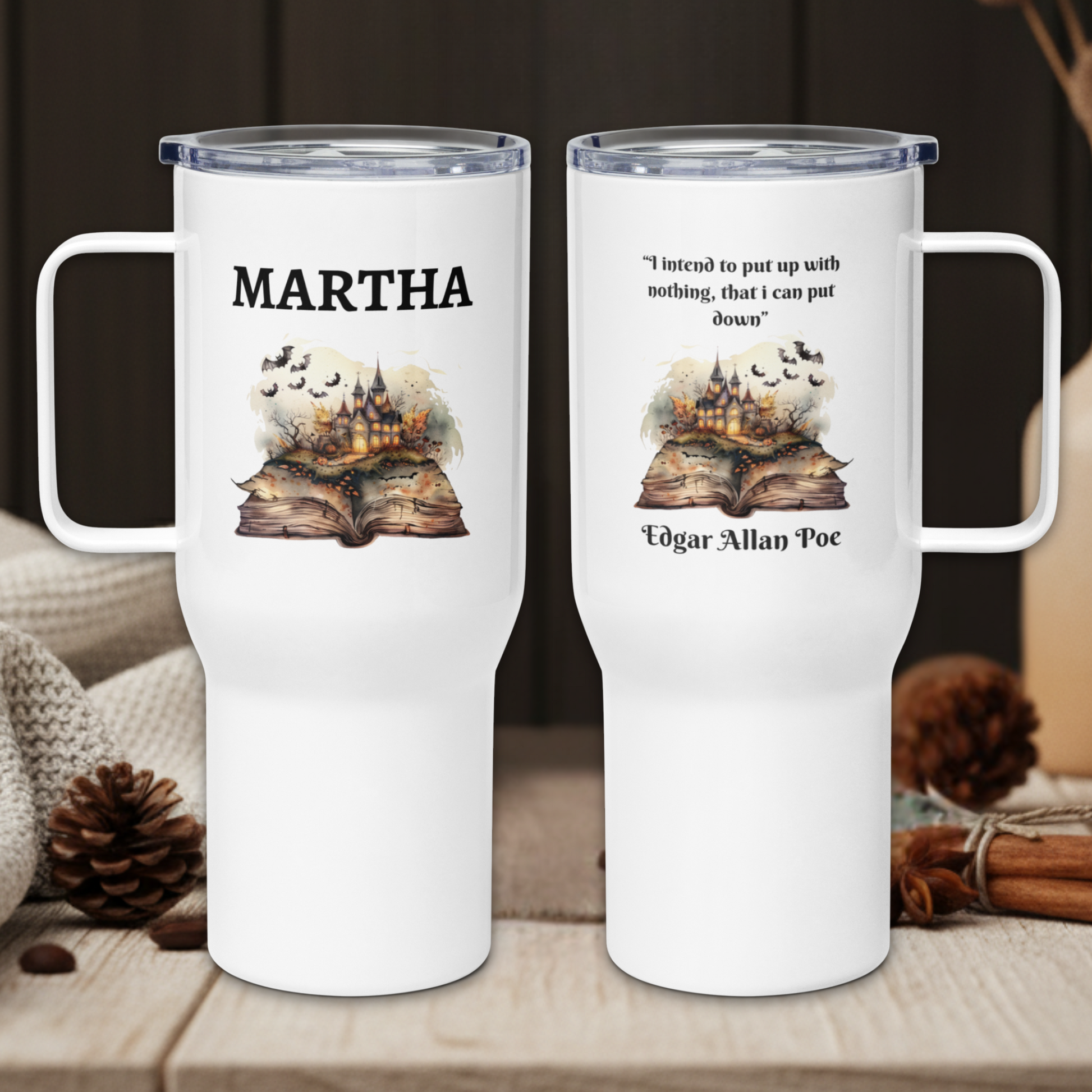 Two white tumblers with literary designs and text on a wooden surface.