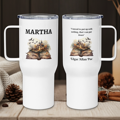 Two white tumblers with literary designs and text on a wooden surface.