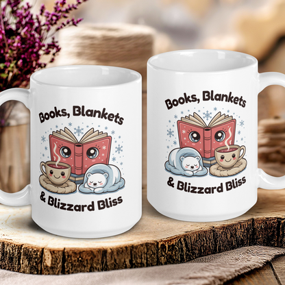 Two mugs with cartoon design and text 'Books, Blankets & Blizzard Bliss' on a wooden surface.