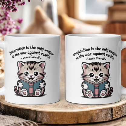 Two white mugs with a cartoon cat and Lewis Carroll quote on a wooden surface.