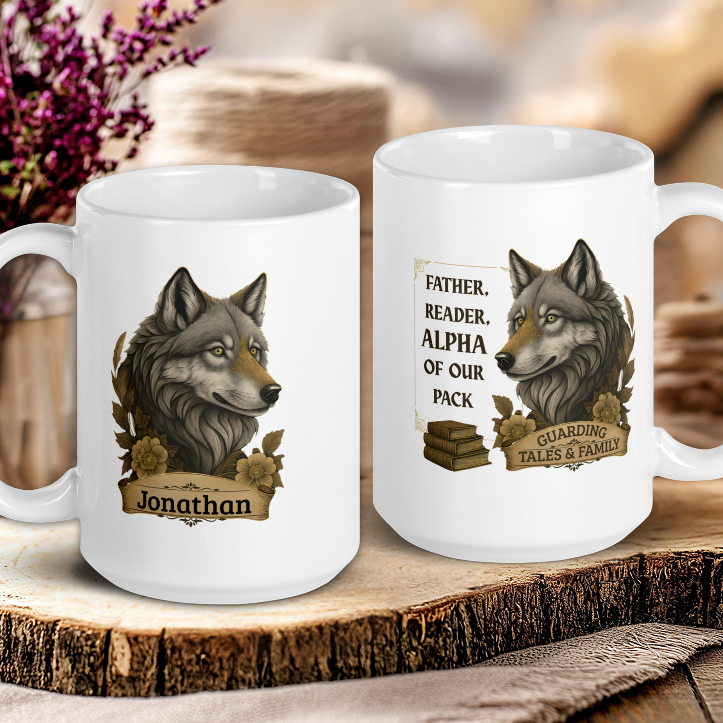 Two white mugs with wolf designs and text on a wooden surface.