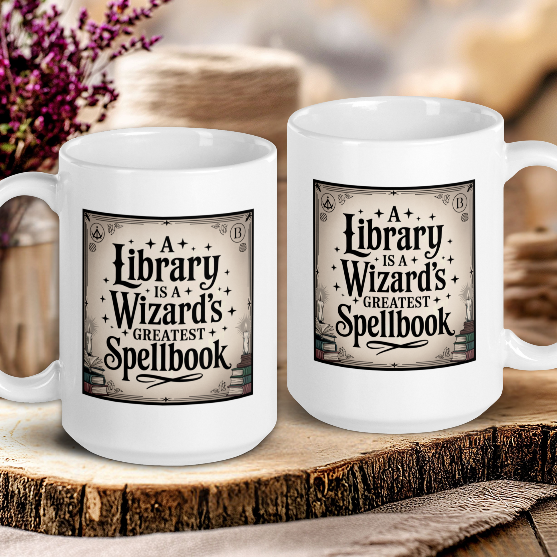 Two white mugs with literary-themed designs on a wooden surface.