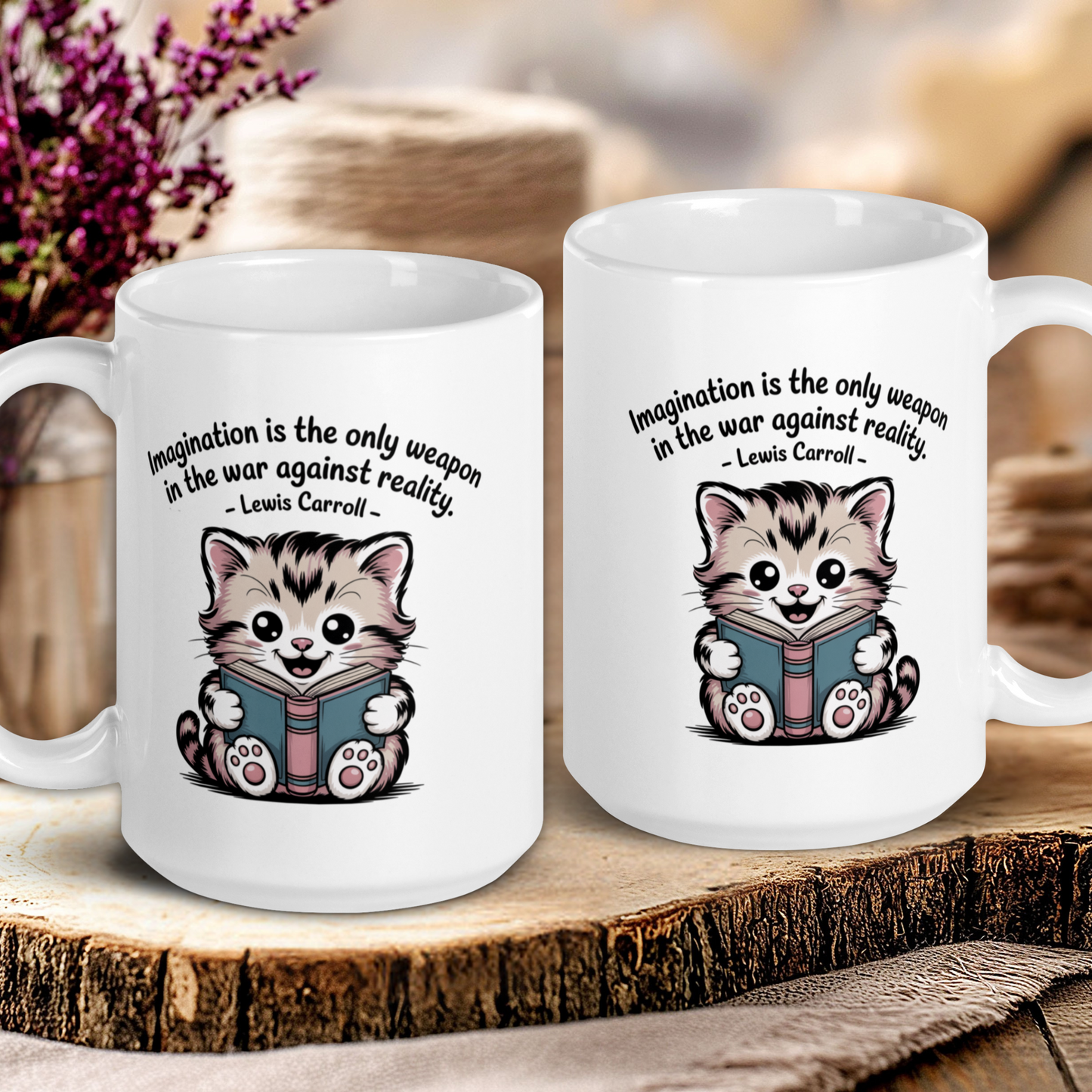 Two white mugs with cat illustrations and text on a wooden surface.