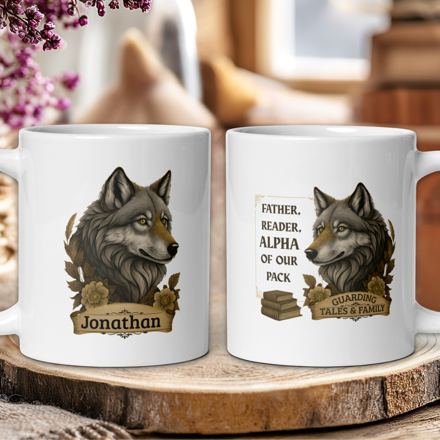 Two white mugs with wolf designs and text on a wooden surface.