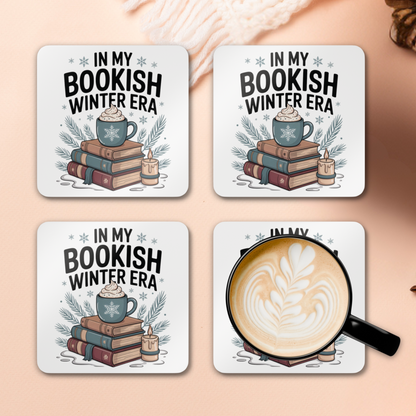 Four coasters with 'In My Bookish Winter Era' design on a beige background with autumn elements.