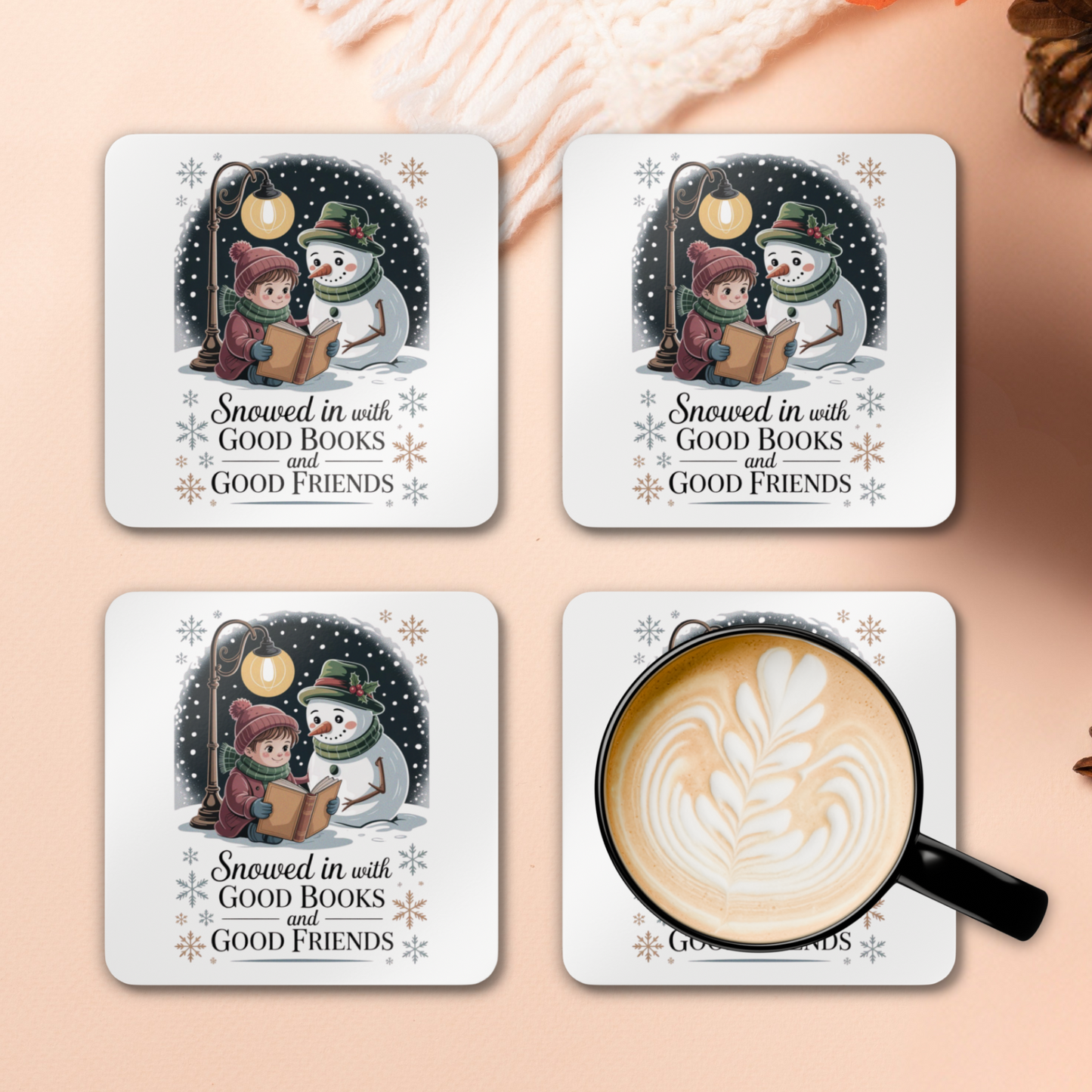 Set of four coasters with winter-themed illustrations and text, featuring a mug with latte art on a beige background.