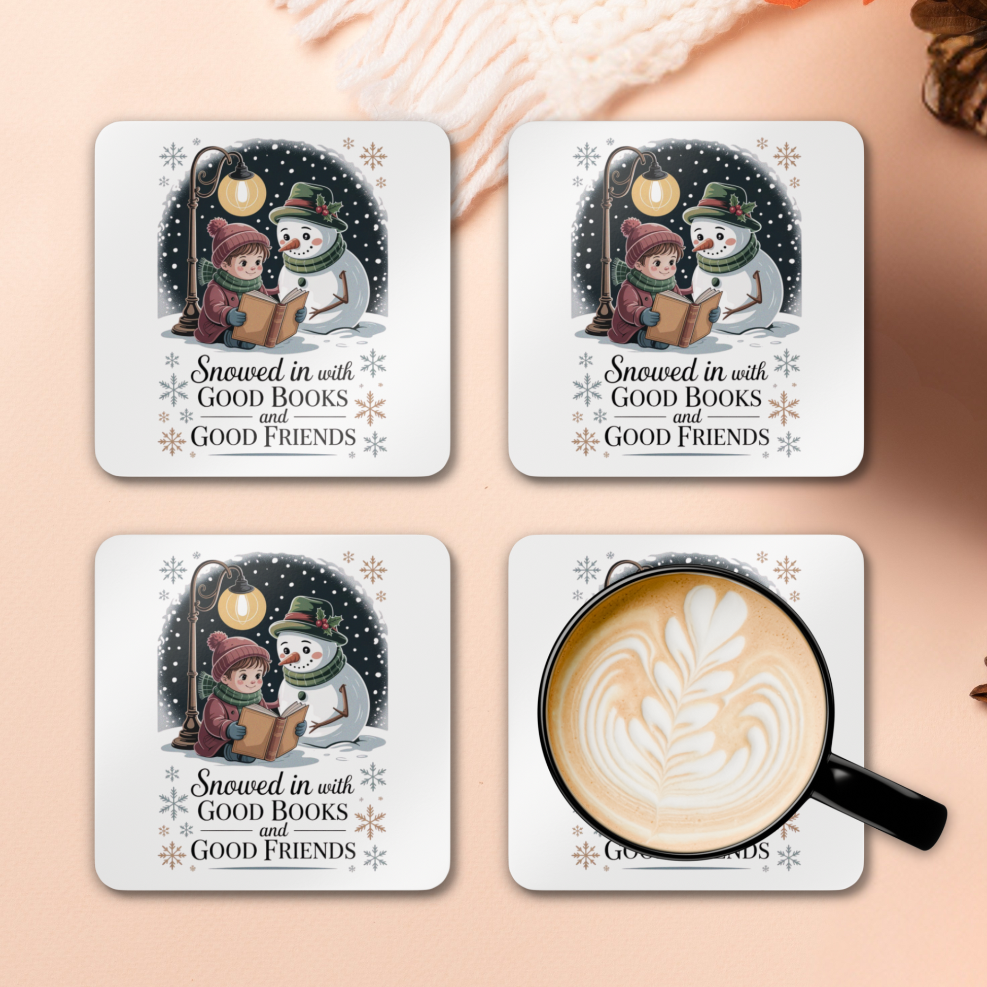 Set of four coasters with winter-themed illustrations and text, featuring a mug with latte art on a beige background.