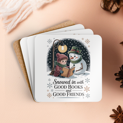 Stack of cards with winter-themed illustration and text on a beige surface with autumn decorations.