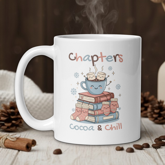 White mug with 'Chapters Cocoa & Chill' design featuring a cup of cocoa and books on a wooden surface.