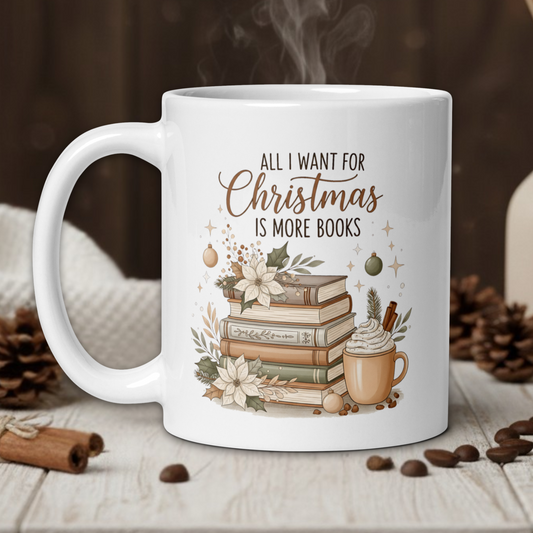 White mug with a Christmas-themed design featuring books and a cup, on a wooden surface with decorative elements.