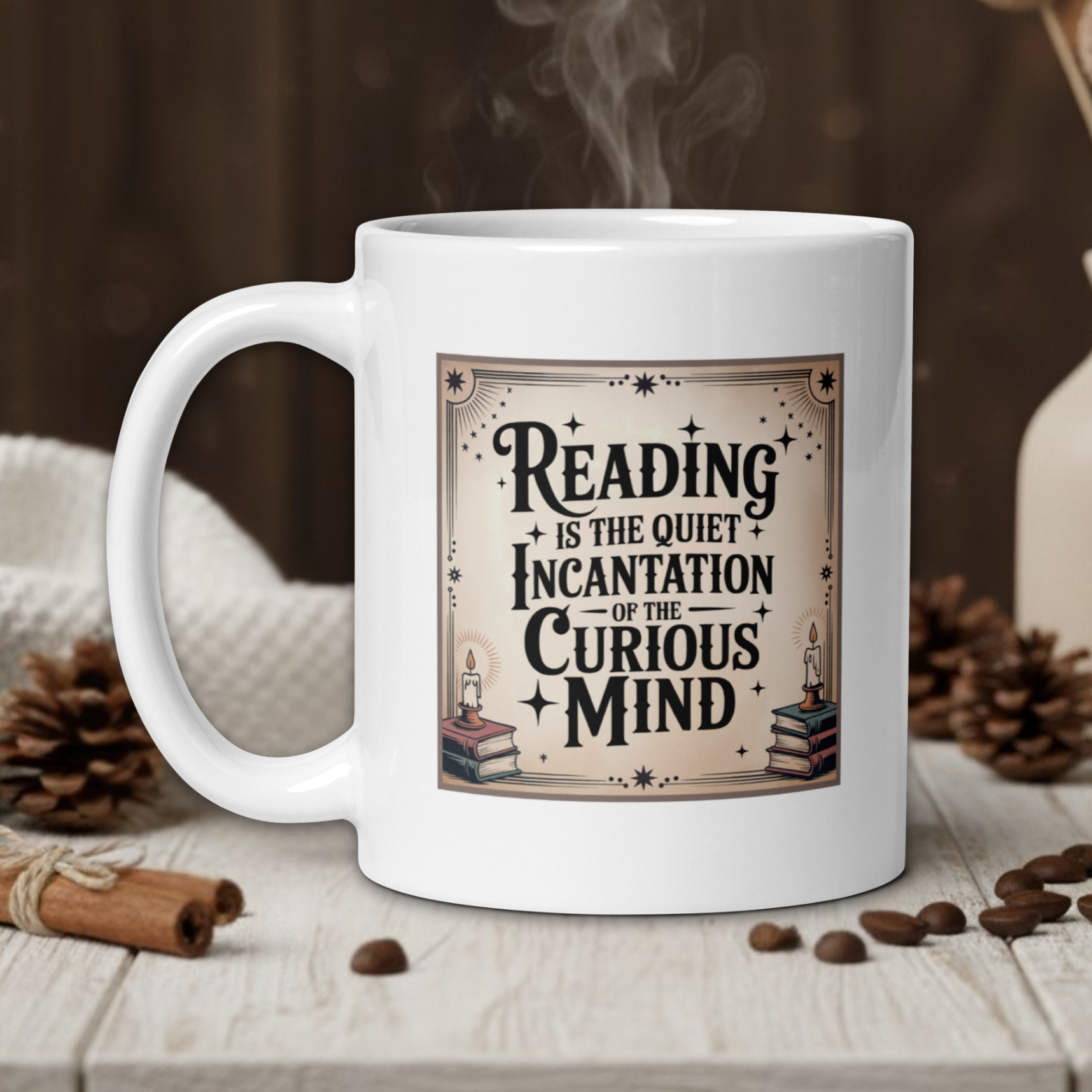 White mug with a motivational quote on a wooden table with coffee beans and a vase in the background