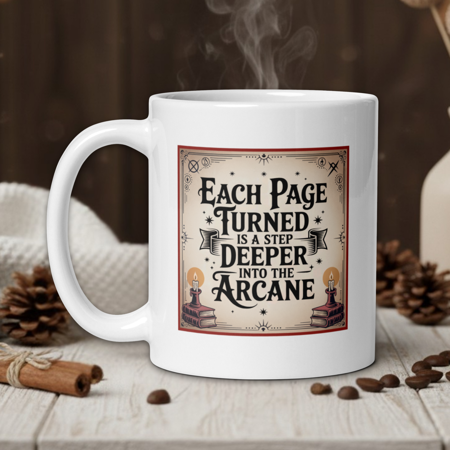 White mug with a decorative label on a wooden table with coffee beans and a vase in the background