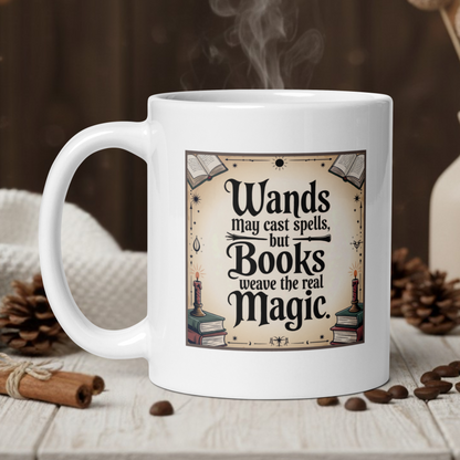 White mug with a decorative quote on a wooden table with coffee beans and a vase in the background