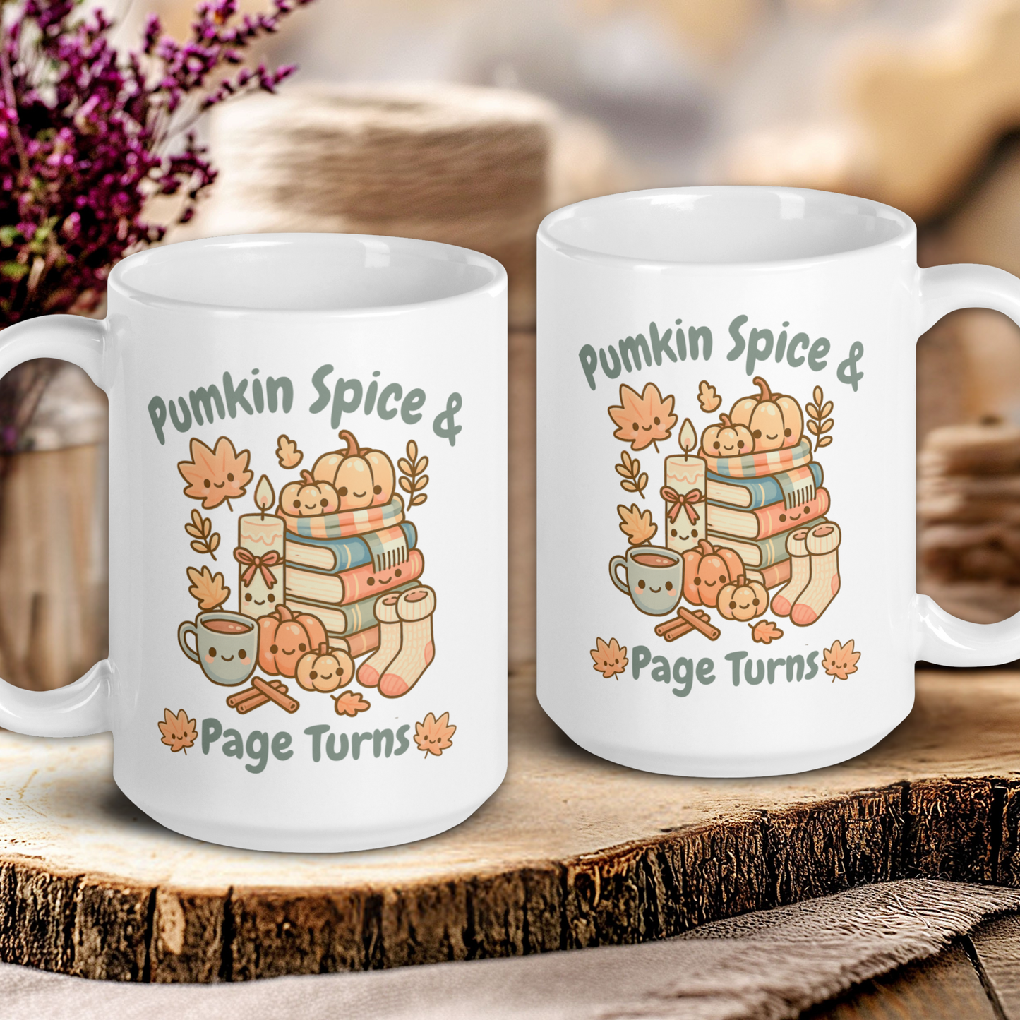 Two white mugs with autumn-themed designs on a wooden surface.