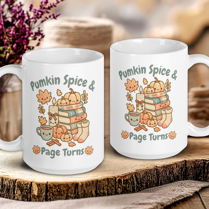 Two white mugs with autumn-themed designs on a wooden surface.