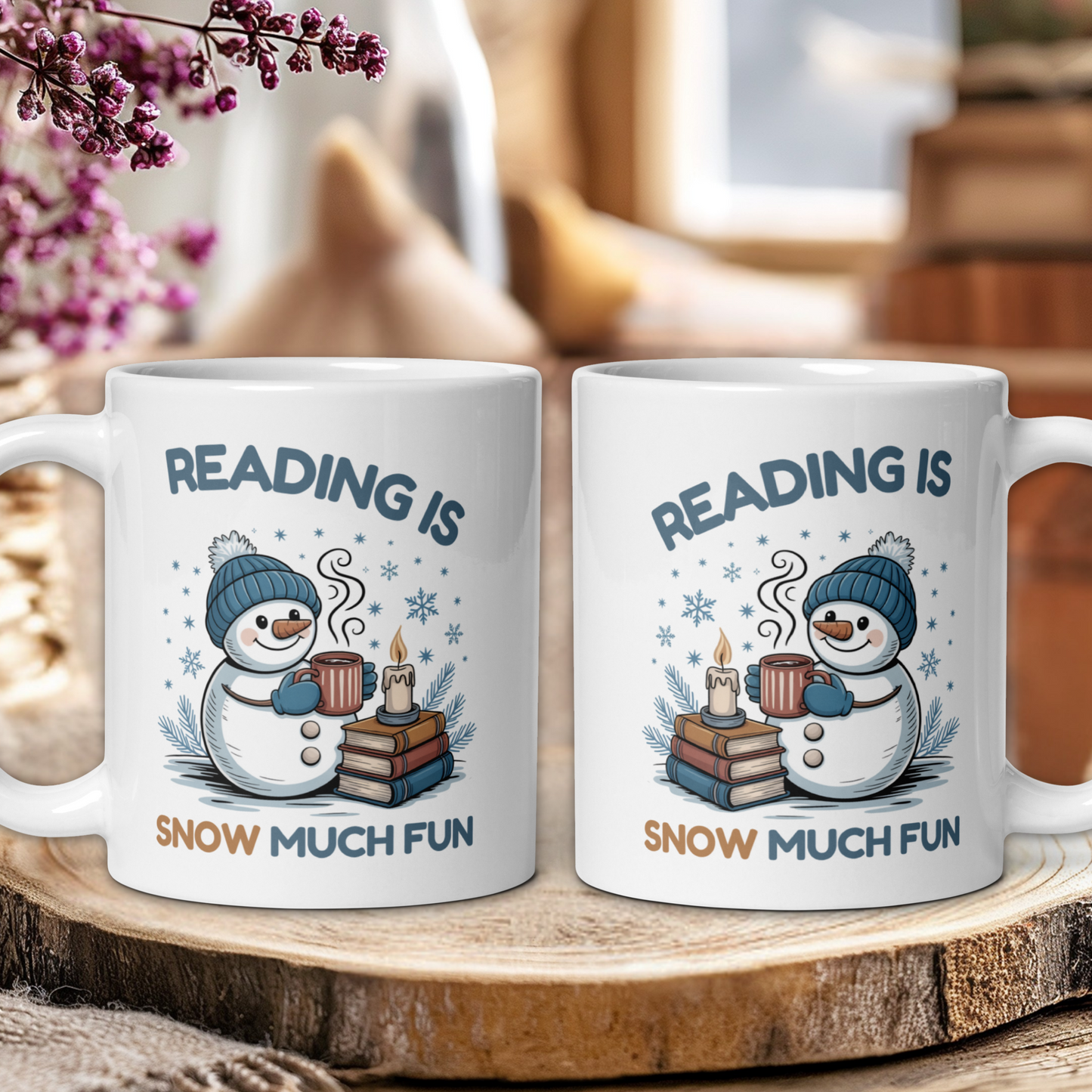 Kawaii "Reading is SNOW much fun" mug