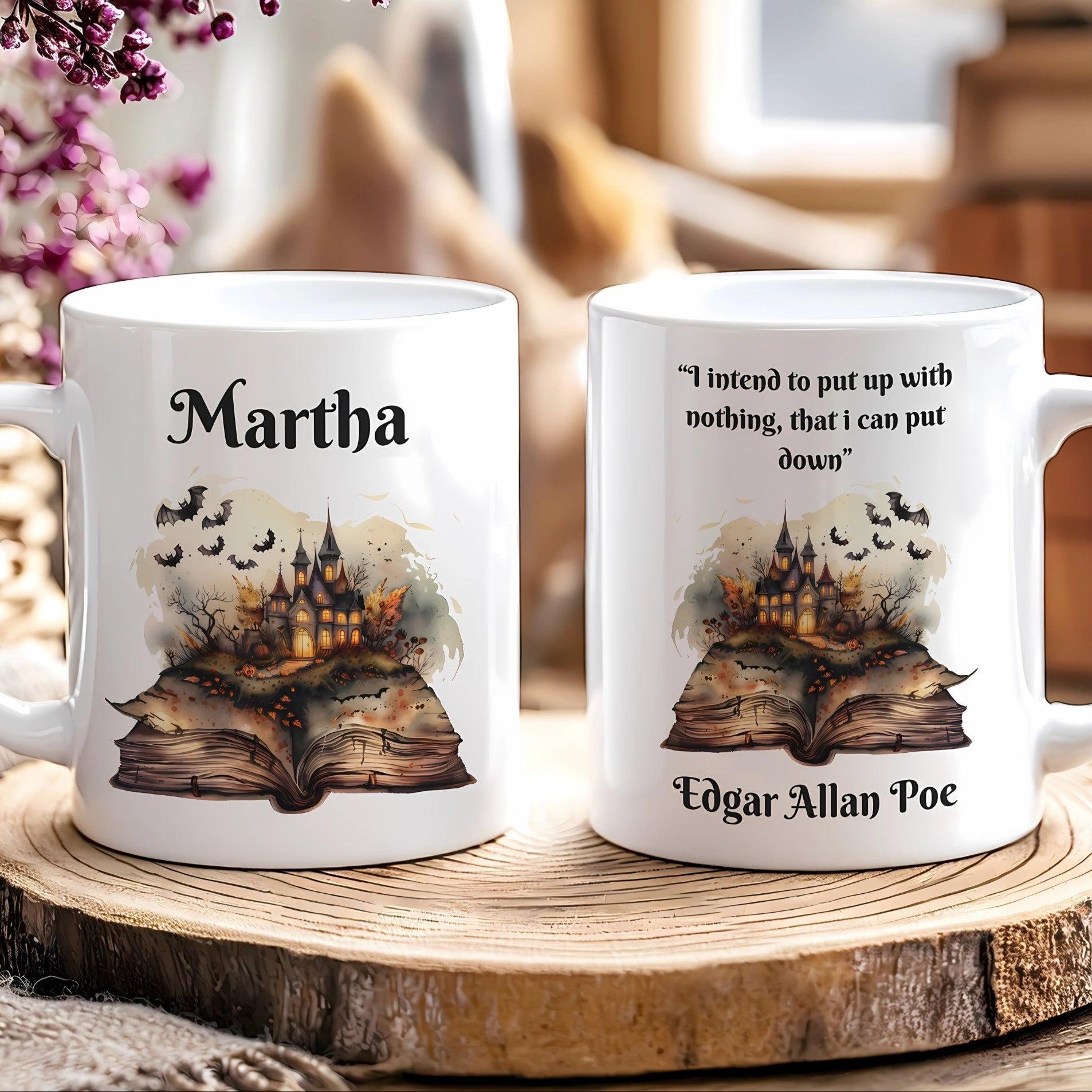 Two mugs with Halloween-themed designs and text on a wooden surface.