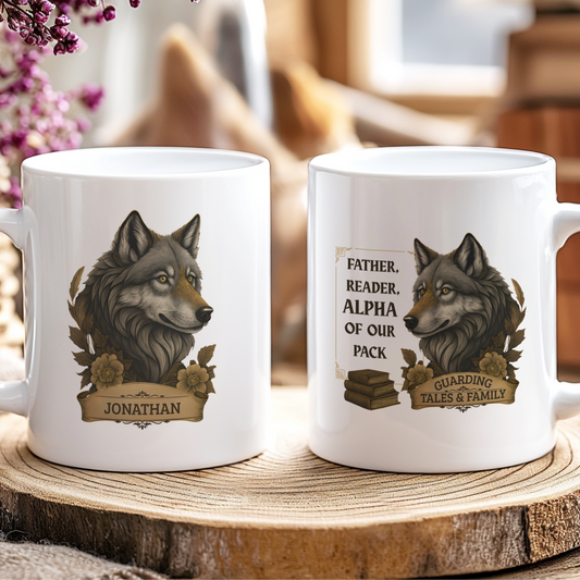 Two white mugs with wolf designs and text on a wooden surface.