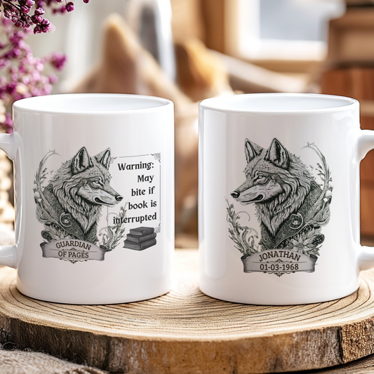 Two white mugs with wolf designs and text on a wooden surface with blurred background