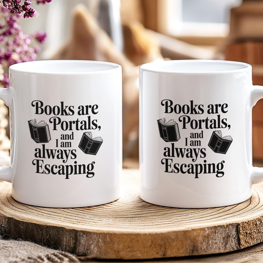 Two white mugs with a book-themed quote on a wooden surface.