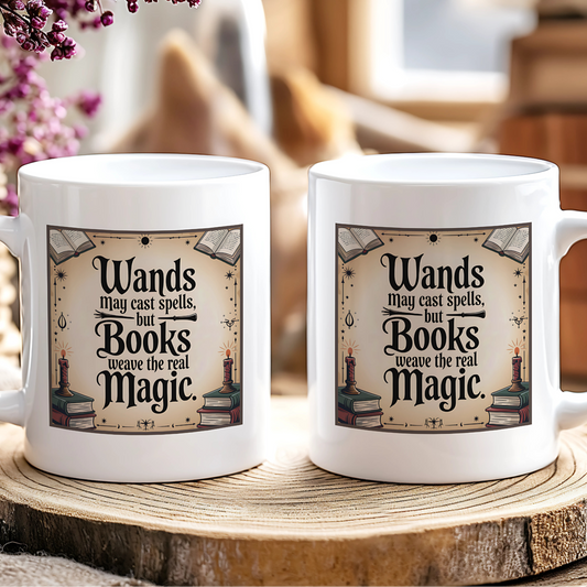 Two white mugs with a decorative text design on a wooden surface.