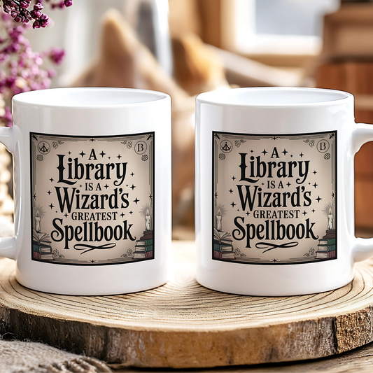 Two white mugs with a decorative text design on a wooden surface.
