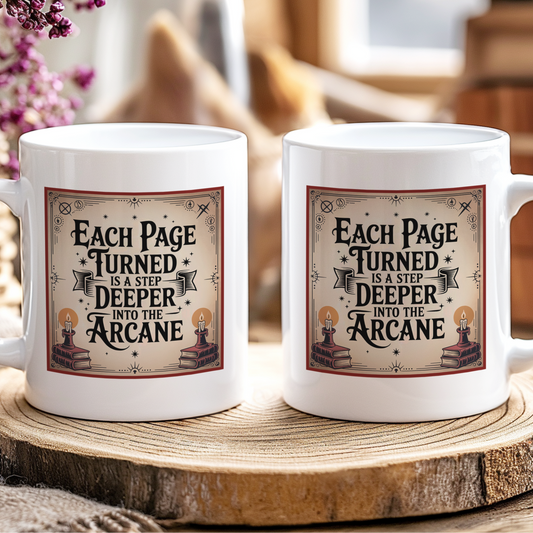 Two white mugs with a mystical design and text on a wooden surface.