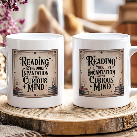 Two white mugs with a literary quote on a wooden surface with blurred background
