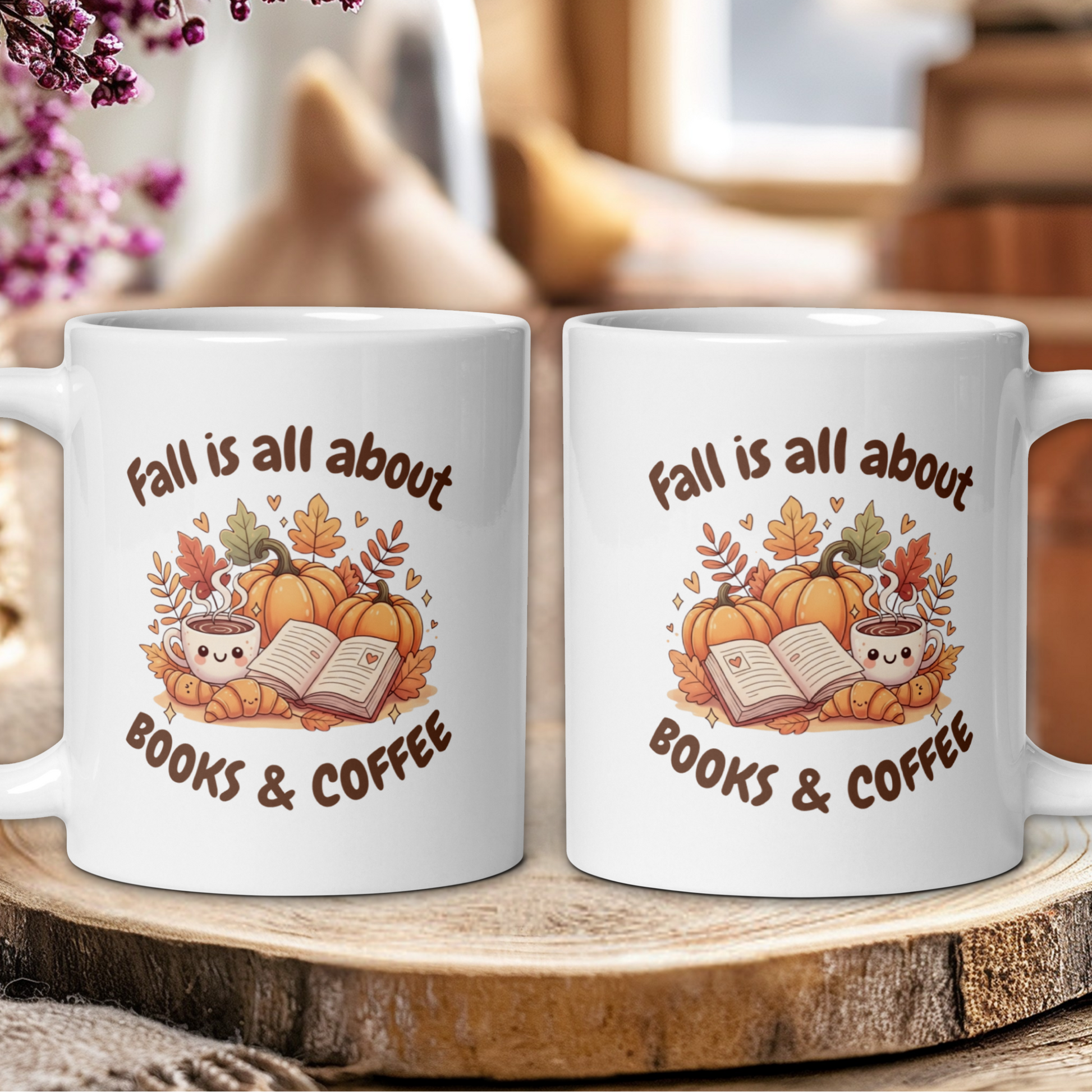 Two white mugs with 'Fall is all about Books & Coffee' design on a wooden coaster.