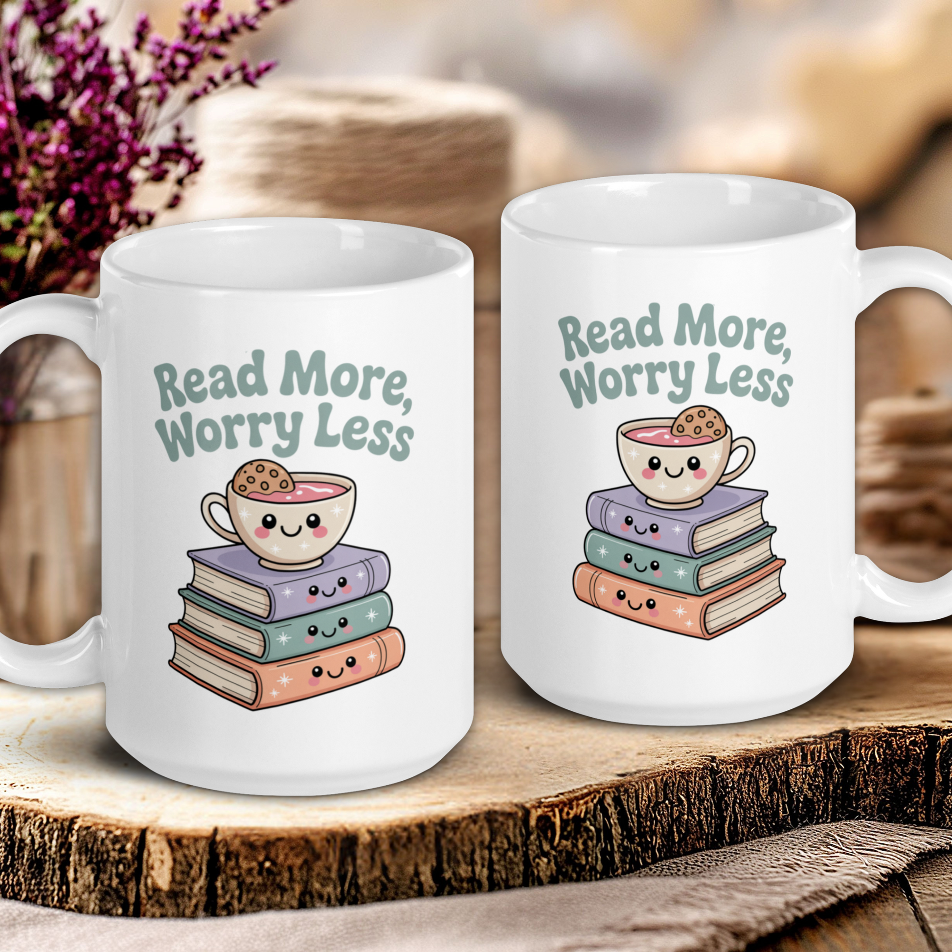 Two white mugs with 'Read More, Worry Less' text and book-themed design on a wooden surface.