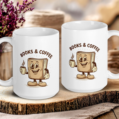 Two white mugs with cartoon book characters and 'Books & Coffee' text on a wooden surface.