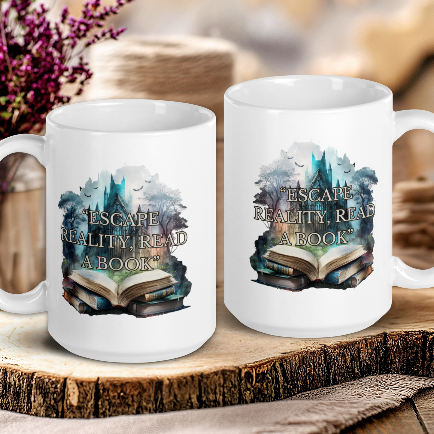 Two mugs with book-themed designs on a wooden surface with a blurred background