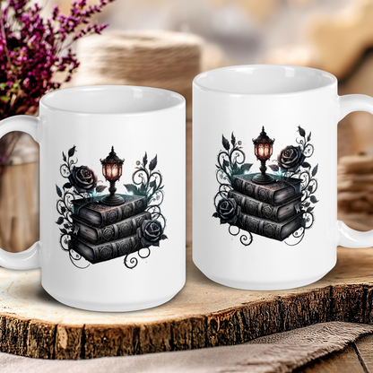 Two white mugs with decorative designs on a wooden surface.