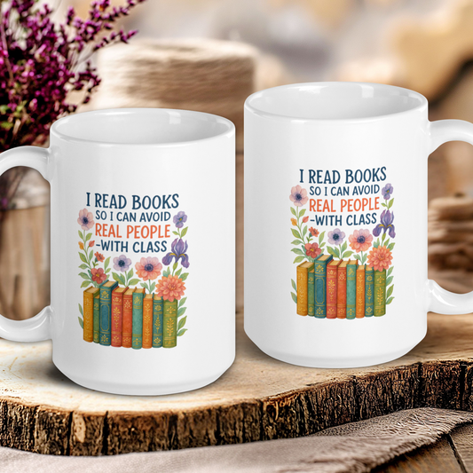 Two white mugs with humorous text and book illustrations on a wooden surface.