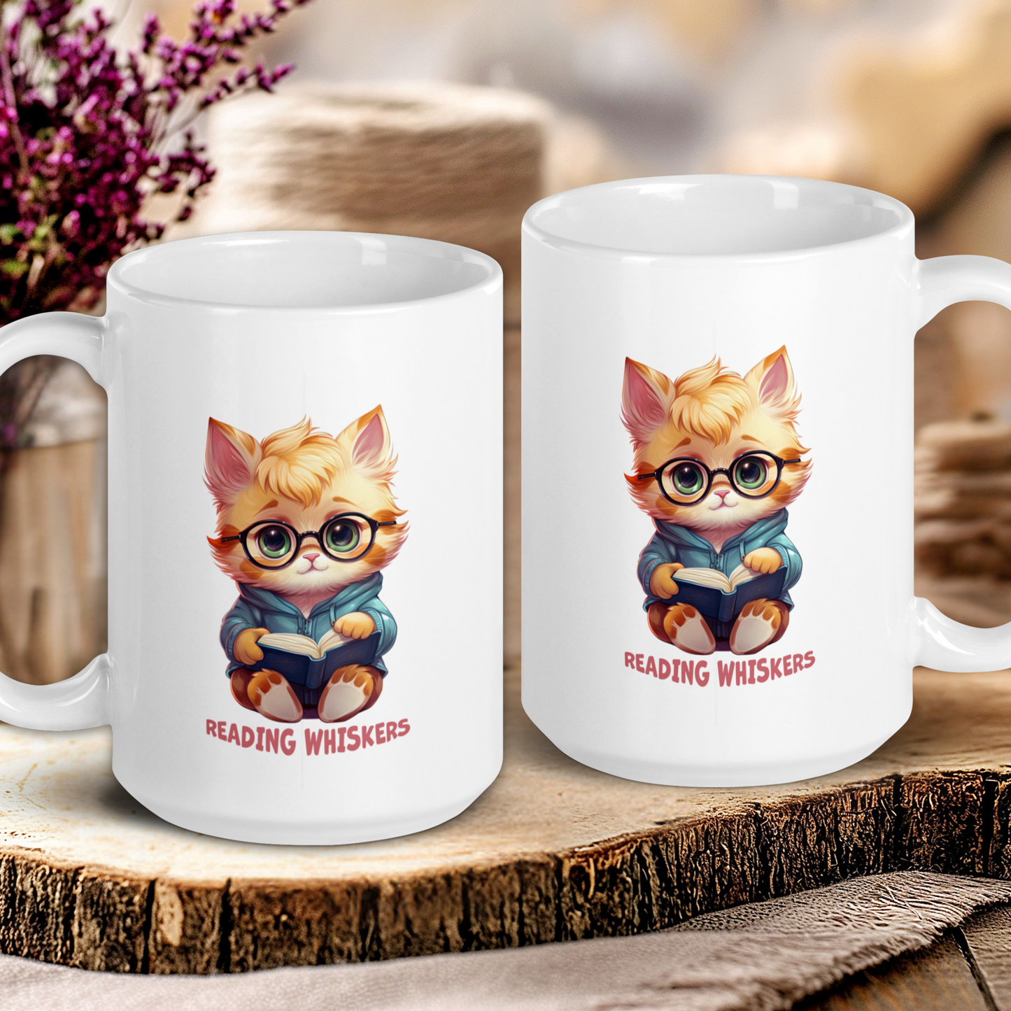 Two white mugs with a cat illustration and 'Reading Whiskers' text on a wooden surface.