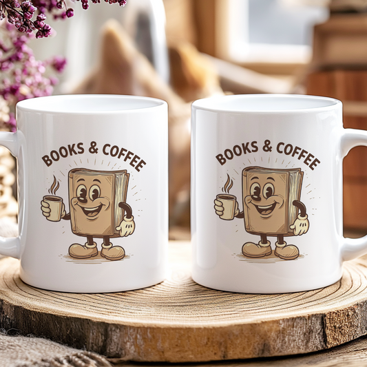 Two mugs with a cartoon book character and 'Books & Coffee' text on a wooden coaster.