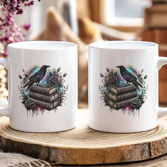 Two white mugs with artistic designs on a wooden coaster, surrounded by decorative elements.