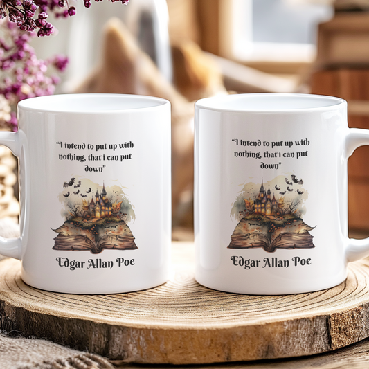 Two white mugs with literary quotes on a wooden coaster, surrounded by flowers and jars.