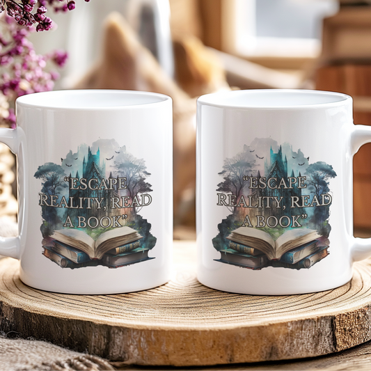 Two white mugs with a book-themed design on a wooden coaster.