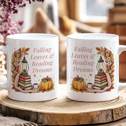 "Falling Leaves & Reading Dreams" – Cozy Autumn Book Lover Coffee Cup